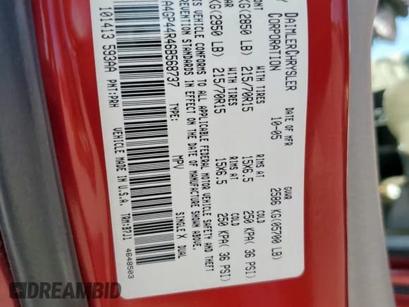 ✅ 2006 Chrysler Town & Country LX • VIN: 1A4GP44R46B568737 • Lot: 69033045. Listed on Copart with Not provided. Free auction sales archive from the USA and detailed vehicle history report at DreamBid. Image 13.