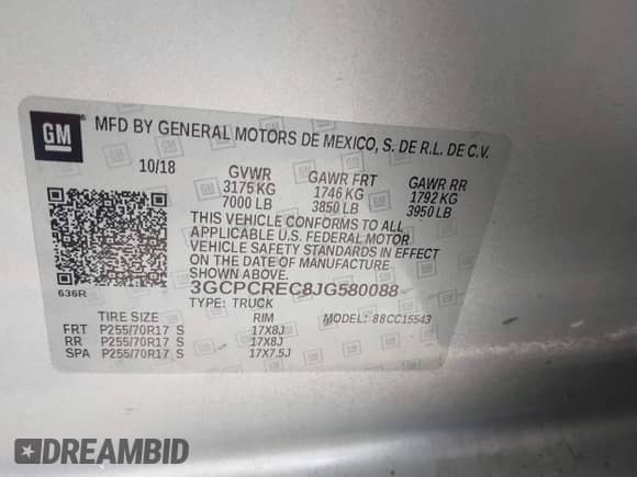 2018 Chevrolet Silverado 1500 LT with VIN 3GCPCREC8JG580088, listed as a IAAI auction lot 43278290 with 72,832 mi miles and . Bid and sale history available at DreamBid. Image 9.