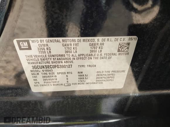 2015 Chevrolet Silverado 1500 LTZ with VIN 3GCUKSEC0FG390127, listed as a IAAI auction lot 43389295 with 120,442 mi miles and . Bid and sale history available at DreamBid. Image 9.