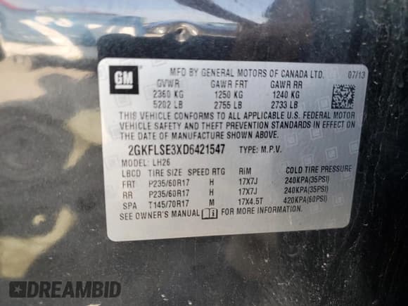 ✅ 2013 GMC Terrain SLE • VIN: 2GKFLSE3XD6421547 • Лот: 59543485. Опубликован ранее на Copart с пробегом 155 137 миль. Бесплатный доступ к архиву аукционных продаж из США и подробный отчёт об истории автомобиля на DreamBid. Изображение 13.