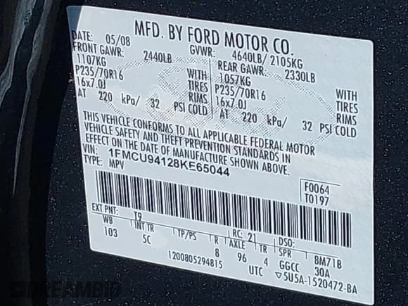 ✅ 2008 Ford Escape Limited • VIN: 1FMCU94128KE65044 • Lot: 43710520. Listed on IAAI with 121,822 mi. Free auction sales archive from the USA and detailed vehicle history report at DreamBid. Image 9.