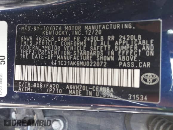 2021 Toyota Camry Hybrid LE с VIN 4T1C31AK6MU022072, выставлен на аукционе IAAI как лот 42914415 с пробегом 349 781 миль миль и . История ставок и продаж доступна на DreamBid. Изображение 9.