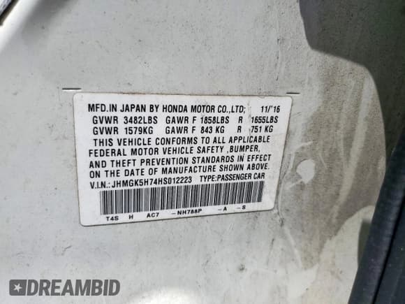 ✅ 2017 Honda Fit EX • VIN: JHMGK5H74HS012223 • Lot: 59493065. Listed on Copart with 74,495 mi. Free auction sales archive from the USA and detailed vehicle history report at DreamBid. Image 12.