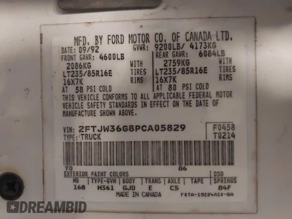 ✅ 1993 Ford F-350 • VIN: 2FTJW36G8PCA05829 • Lot: 43806375. Wystawiony na IAAI z przebiegiem Nie podano. Bezpłatny archiwum sprzedaży aukcyjnych z USA i szczegółowy raport historii pojazdu na DreamBid. Zdjęcie 9.