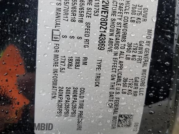 ✅ 2013 GMC Sierra 1500 SLT • VIN: 1GTR2WE78DZ143869 • Lot: 51488145. Listed on Copart with Not provided. Free auction sales archive from the USA and detailed vehicle history report at DreamBid. Image 15.