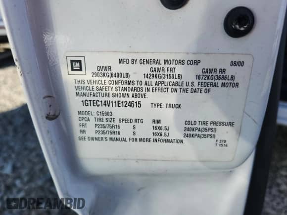 2001 GMC Sierra 1500 SL с VIN 1GTEC14V11E124615, выставлен на аукционе Copart как лот 91309965 с пробегом 255 933 миль миль и Чистый • Clean title. История ставок и продаж доступна на DreamBid. Изображение 13.