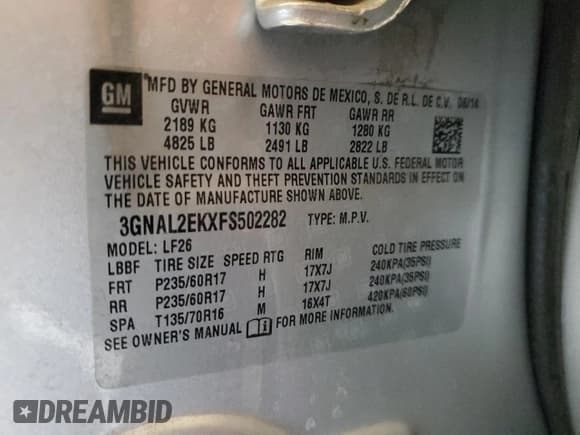 ✅ 2015 Chevrolet Captiva Sport LS • VIN: 3GNAL2EKXFS502282 • Lot: 81317994. Wystawiony na Copart z przebiegiem Nie podano. Bezpłatny archiwum sprzedaży aukcyjnych z USA i szczegółowy raport historii pojazdu na DreamBid. Zdjęcie 14.