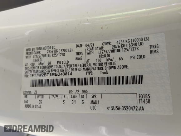 ✅ 2021 Ford F-250 XL • VIN: 1FT7W2BT1MED43814 • Лот: 42207019. Опубликован ранее на IAAI с пробегом 92 921 миль. Бесплатный доступ к архиву аукционных продаж из США и подробный отчёт об истории автомобиля на DreamBid. Изображение 9.