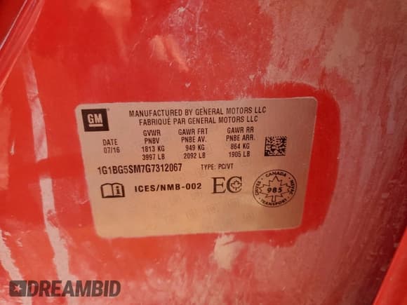 ✅ 2016 Chevrolet Cruze Premier • VIN: 1G1BG5SM7G7312067 • Lot: 84230405. Listed on Copart with 166,295 mi. Free auction sales archive from the USA and detailed vehicle history report at DreamBid. Image 12.