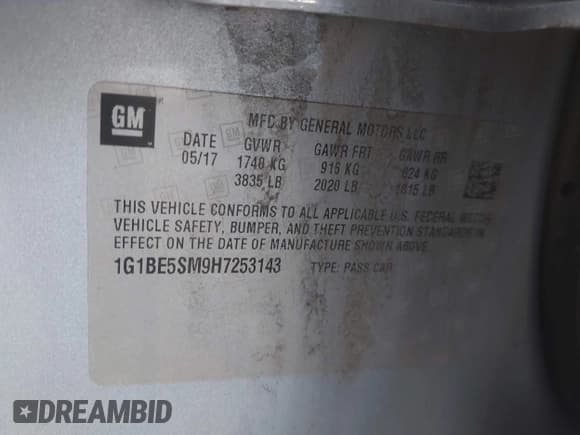 ✅ 2017 Chevrolet Cruze LT • VIN: 1G1BE5SM9H7253143 • Lot: 43561035. Listed on IAAI with 94,035 mi. Free auction sales archive from the USA and detailed vehicle history report at DreamBid. Image 9.