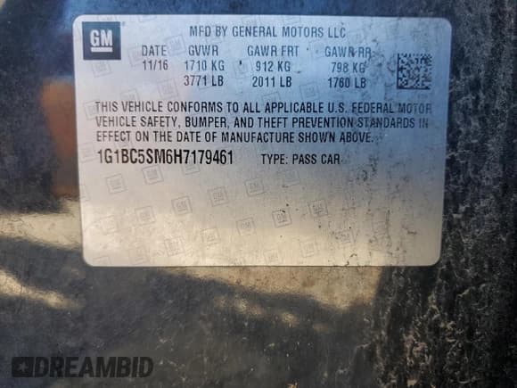 ✅ 2017 Chevrolet Cruze LS • VIN: 1G1BC5SM6H7179461 • Lot: 87067135. Listed on Copart with 206,715 mi. Free auction sales archive from the USA and detailed vehicle history report at DreamBid. Image 12.