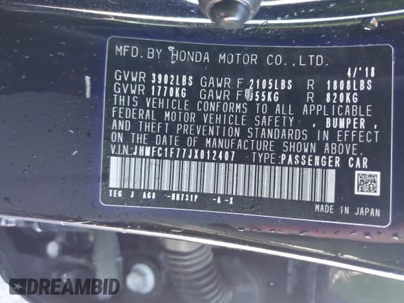 ✅ 2018 Honda Civic EX-L • VIN: JHMFC1F77JX012407 • Лот: 43615457. Опубликован ранее на IAAI с пробегом 122 372 миль. Бесплатный доступ к архиву аукционных продаж из США и подробный отчёт об истории автомобиля на DreamBid. Изображение 9.