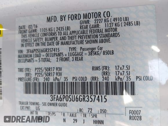 ✅ 2016 Ford Fusion Titanium • VIN: 3FA6P0SU6GR357415 • Lot: 43175119. Listed on IAAI with 92,373 mi. Free auction sales archive from the USA and detailed vehicle history report at DreamBid. Image 9.