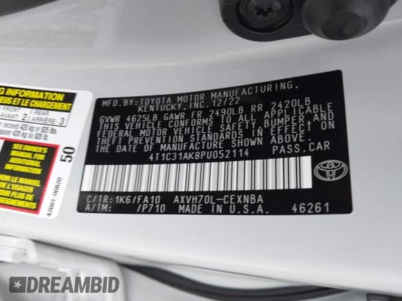 2023 Toyota Camry Hybrid LE with VIN 4T1C31AK8PU052114, listed as a IAAI auction lot 41982736 with 81,059 mi miles and . Bid and sale history available at DreamBid. Image 9.