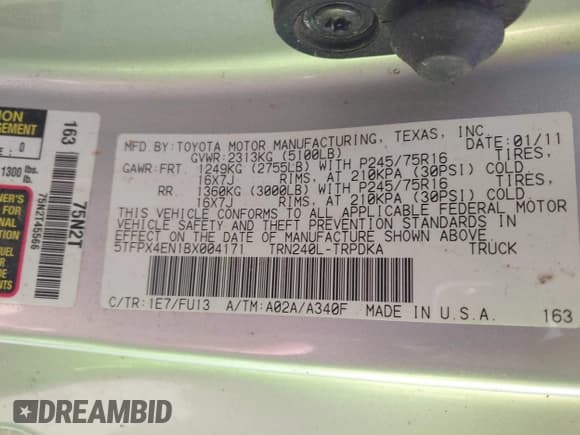 ✅ 2011 Toyota Tacoma • VIN: 5TFPX4EN1BX004171 • Lot: 41820438. Listed on IAAI with 184,028 mi. Free auction sales archive from the USA and detailed vehicle history report at DreamBid. Image 9.