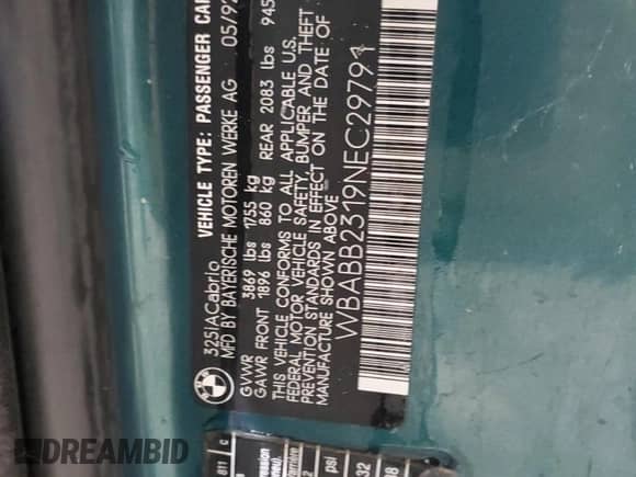 1992 BMW 3 Series z VIN WBABB2319NEC29791, wystawiony jako Copart lot #51156795 z przebiegiem 129 997 mil mil oraz Czysty tytuł • Clean title. Historia ofert i sprzedaży dostępna na DreamBid. Obrazek 12.