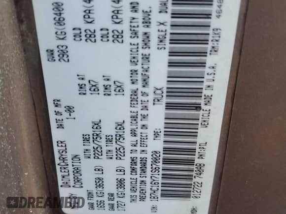 2001 Dodge 1500 z VIN 1B7HC16Y71S670020, wystawiony jako Copart lot #74818764 z przebiegiem Nie podano mil oraz Szkoda całkowita • Salvage title. Historia ofert i sprzedaży dostępna na DreamBid. Obrazek 12.