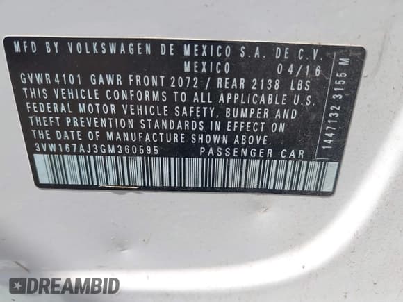 ✅ 2016 Volkswagen Jetta S • VIN: 3VW167AJ3GM360595 • Лот: 42829282. Опубликован ранее на IAAI с пробегом 126 056 миль. Бесплатный доступ к архиву аукционных продаж из США и подробный отчёт об истории автомобиля на DreamBid. Изображение 9.