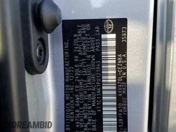 2023 Toyota Camry LE with VIN 4T1C11AK1PU121943, listed as a Copart auction lot 82264925 with 56,723 mi miles and Salvage title. Bid and sale history available at DreamBid. Image 12.