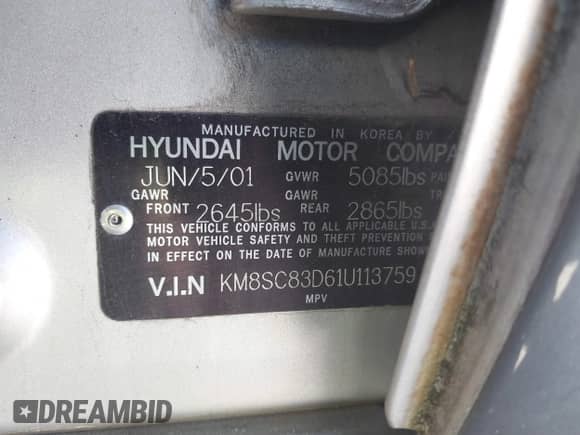 2001 Hyundai Santa Fe GLS с VIN KM8SC83D61U113759, выставлен на аукционе IAAI как лот 41733147 с пробегом 165 973 миль миль и . История ставок и продаж доступна на DreamBid. Изображение 9.