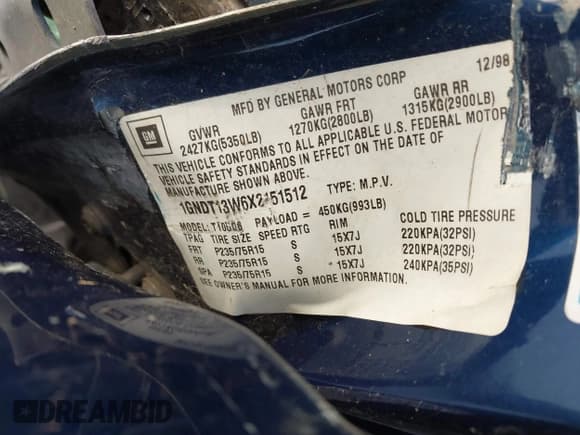 ✅ 1999 Chevrolet Blazer LT • VIN: 1GNDT13W6X2151512 • Lot: 41823548. Wystawiony na IAAI z przebiegiem Nie podano. Bezpłatny archiwum sprzedaży aukcyjnych z USA i szczegółowy raport historii pojazdu na DreamBid. Zdjęcie 9.