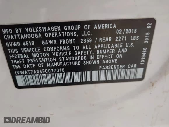 ✅ 2015 Volkswagen Passat S • VIN: 1VWAT7A34FC077018 • Лот: 41205102. Опубликован ранее на IAAI с пробегом Не указан. Бесплатный доступ к архиву аукционных продаж из США и подробный отчёт об истории автомобиля на DreamBid. Изображение 9.