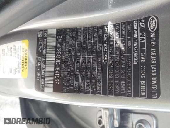 ✅ 2013 Land Rover Range Rover Evoque Pure Plus • VIN: SALVP2BG9DH841967 • Lot: 43009778. Listed on IAAI with 127,102 mi. Free auction sales archive from the USA and detailed vehicle history report at DreamBid. Image 9.