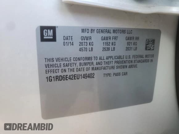 ✅ 2014 Chevrolet Volt • VIN: 1G1RD6E42EU149402 • Лот: 90634245. Опубликован ранее на Copart с пробегом 75 740 миль. Бесплатный доступ к архиву аукционных продаж из США и подробный отчёт об истории автомобиля на DreamBid. Изображение 13.