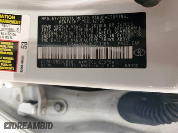 2021 Toyota Camry Hybrid XSE с VIN 4T1K31AK5MU553968, выставлен на аукционе Copart как лот 62929095 с пробегом 62 559 миль миль и Списание • Salvage title. История ставок и продаж доступна на DreamBid. Изображение 12.