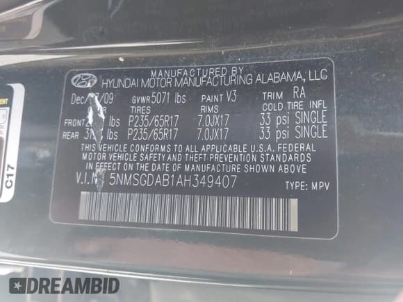 ✅ 2010 Hyundai Santa Fe GLS • VIN: 5NMSGDAB1AH349407 • Lot: 43494307. Listed on IAAI with 142,870 mi. Free auction sales archive from the USA and detailed vehicle history report at DreamBid. Image 9.