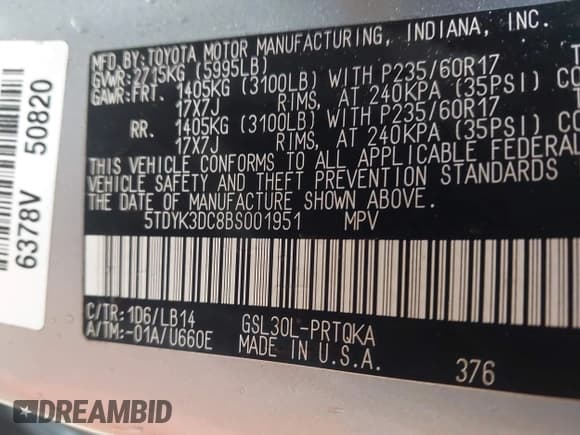 ✅ 2011 Toyota Sienna XLE • VIN: 5TDYK3DC8BS001951 • Lot: 43776325. Listed on IAAI with 173,254 mi. Free auction sales archive from the USA and detailed vehicle history report at DreamBid. Image 9.