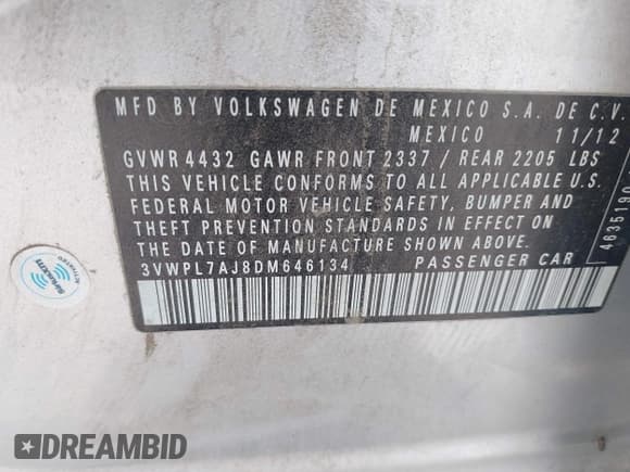 ✅ 2013 Volkswagen Jetta TDI w/Sunroof & Nav • VIN: 3VWPL7AJ8DM646134 • Lot: 42570017. Listed on IAAI with 110,023 mi. Free auction sales archive from the USA and detailed vehicle history report at DreamBid. Image 9.