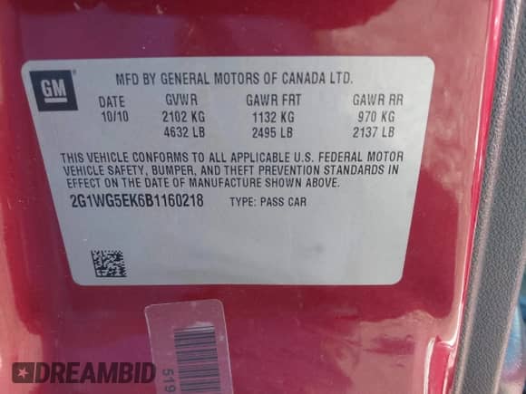 2011 Chevrolet Impala LT Fleet z VIN 2G1WG5EK6B1160218, wystawiony jako IAAI lot #43503461 z przebiegiem 239 872 mil mil oraz . Historia ofert i sprzedaży dostępna na DreamBid. Obrazek 9.