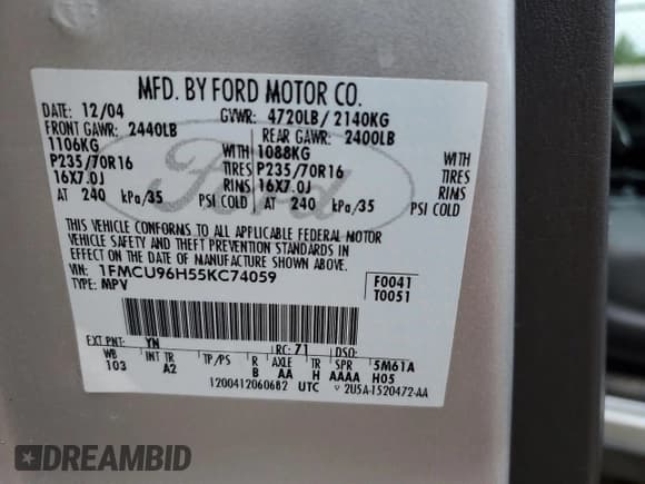 ✅ 2005 Ford Escape Hybrid • VIN: 1FMCU96H55KC74059 • Lot: 57065685. Listed on Copart with 154,807 mi. Free auction sales archive from the USA and detailed vehicle history report at DreamBid. Image 13.