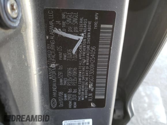 ✅ 2009 Hyundai Santa Fe GLS • VIN: 5NMSG73D09H254056 • Lot: 74914444. Listed on Copart with 222,448 mi. Free auction sales archive from the USA and detailed vehicle history report at DreamBid. Image 13.