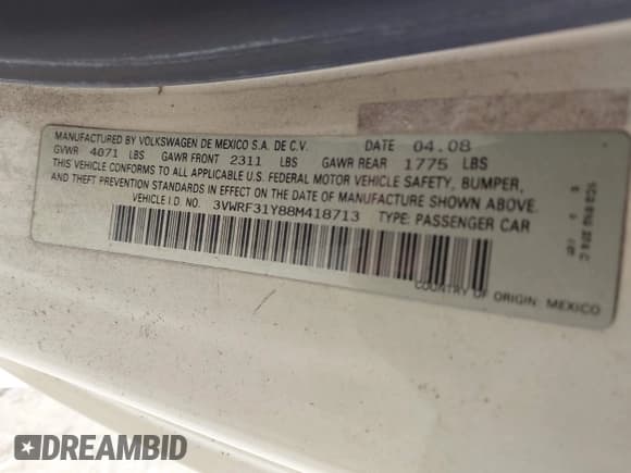 ✅ 2008 Volkswagen Beetle SE • VIN: 3VWRF31Y88M418713 • Lot: 42884556. Listed on IAAI with 128,689 mi. Free auction sales archive from the USA and detailed vehicle history report at DreamBid. Image 9.