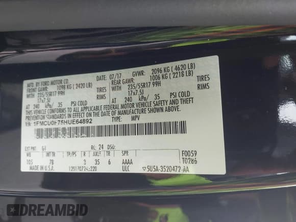 ✅ 2017 Ford Escape S • VIN: 1FMCU0F75HUE64892 • Lot: 43472779. Listed on IAAI with 118,571 mi. Free auction sales archive from the USA and detailed vehicle history report at DreamBid. Image 9.