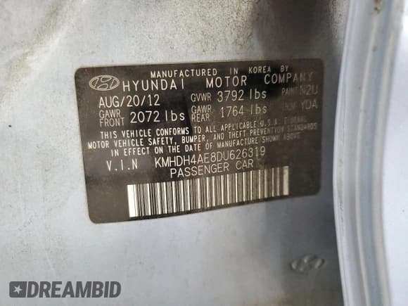 ✅ 2013 Hyundai Elantra GLS • VIN: KMHDH4AE8DU626319 • Lot: 91500215. Listed on Copart with 132,569 mi. Free auction sales archive from the USA and detailed vehicle history report at DreamBid. Image 12.