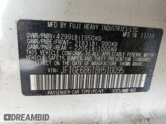 ✅ 2011 Subaru Impreza Premium • VIN: JF1GE6B61BH510095 • Lot: 86263645. Listed on Copart with 129,306 mi. Free auction sales archive from the USA and detailed vehicle history report at DreamBid. Image 12.