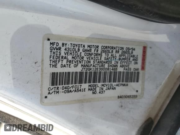 ✅ 1995 Toyota Camry LE • VIN: JT2GK12E3S0081465 • Lot: 80890595. Wystawiony na Copart z przebiegiem 105 832 mil. Bezpłatny archiwum sprzedaży aukcyjnych z USA i szczegółowy raport historii pojazdu na DreamBid. Zdjęcie 12.