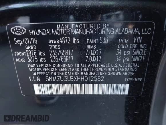 2017 Hyundai Santa Fe 2.4L z VIN 5NMZU3LBXHH012582, wystawiony jako IAAI lot #43513858 z przebiegiem 139 498 mil mil oraz . Historia ofert i sprzedaży dostępna na DreamBid. Obrazek 9.