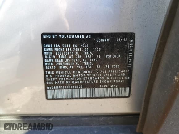 ✅ 2022 Volkswagen ID.4 Pro • VIN: WVGRMPE2XNP048629 • Lot: 79921583. Listed on Copart with 11,672 mi. Free auction sales archive from the USA and detailed vehicle history report at DreamBid. Image 13.