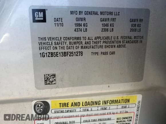 ✅ 2011 Chevrolet Malibu 1LS • VIN: 1G1ZB5E13BF251278 • Lot: 90515935. Listed on Copart with 191,322 mi. Free auction sales archive from the USA and detailed vehicle history report at DreamBid. Image 12.