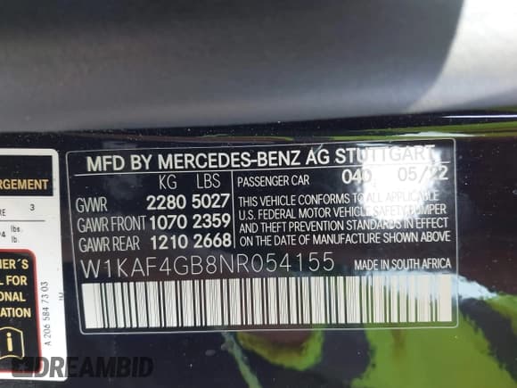 ✅ 2022 Mercedes-Benz C 300 • VIN: W1KAF4GB8NR054155 • Lot: 43537385. Listed on IAAI with 24,265 mi. Free auction sales archive from the USA and detailed vehicle history report at DreamBid. Image 9.