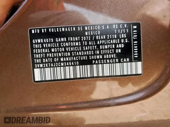 ✅ 2012 Volkswagen Jetta S • VIN: 3VW2K7AJ2CM346410 • Lot: 57174945. Listed on Copart with 122,397 mi. Free auction sales archive from the USA and detailed vehicle history report at DreamBid. Image 13.