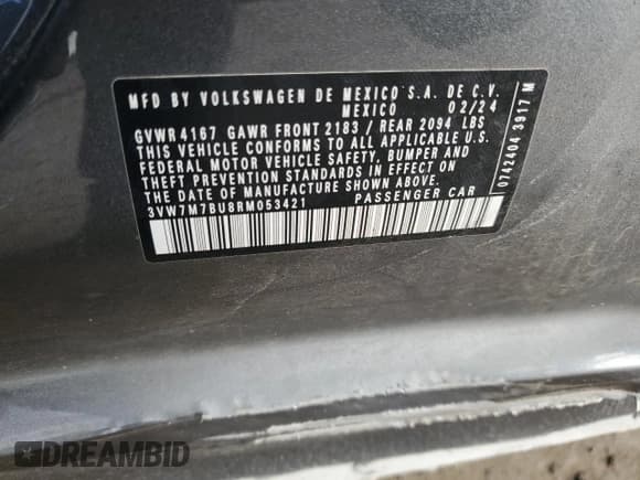 ✅ 2024 Volkswagen Jetta SE • VIN: 3VW7M7BU8RM053421 • Lot: 82720865. Listed on Copart with 27,142 mi. Free auction sales archive from the USA and detailed vehicle history report at DreamBid. Image 12.