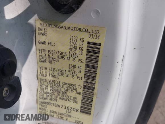 2014 Nissan Frontier S with VIN 1N6BD0CT6EN736208, listed as a IAAI auction lot 43067384 with 272,900 mi miles and . Bid and sale history available at DreamBid. Image 9.