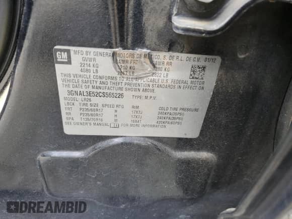 ✅ 2012 Chevrolet Captiva Sport LT • VIN: 3GNAL3E52CS565226 • Лот: 75929984. Размещён на Copart с пробегом 143 728 миль миль. Получите бесплатный доступ к архиву аукционных продаж из США и посмотрите подробный отчёт об истории автомобиля на DreamBid. Изображение 12.