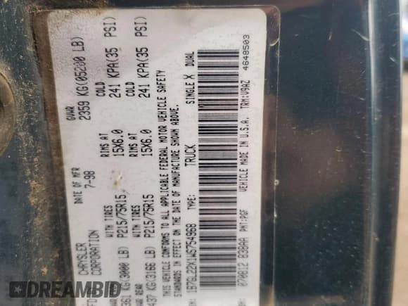 ✅ 1998 Dodge Dakota SLT • VIN: 1B7GL22X1WS754968 • Lot: 49078635. Wystawiony na Copart z przebiegiem 138 116 mil. Bezpłatny archiwum sprzedaży aukcyjnych z USA i szczegółowy raport historii pojazdu na DreamBid. Zdjęcie 12.