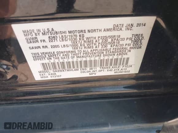 2014 Mitsubishi Outlander ES z VIN 4A4AP3AU3EE022838, wystawiony jako IAAI lot #43225809 z przebiegiem 97 328 mil mil oraz . Historia ofert i sprzedaży dostępna na DreamBid. Obrazek 9.